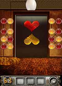 100 Floors Escape Walkthrough Drag the rug on the ground to the right. Start at the bottom left red button and follow the black lines that go to all the next red buttons. Once done correctly, a light switch will appear. Click the light switch on and a yellow heart at the top will light up. Flip your phone over and start with the yellow heart button, and then follow the black lines and click the yellow buttons. Doors will open. 